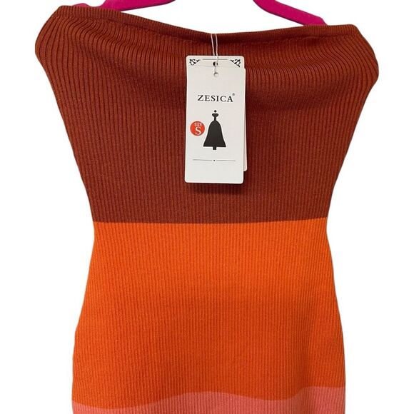 Zesica Color Block Strapless Knit Bodycon Dress - Orange,/Pink/Brown-Small - Picture 3 of 5